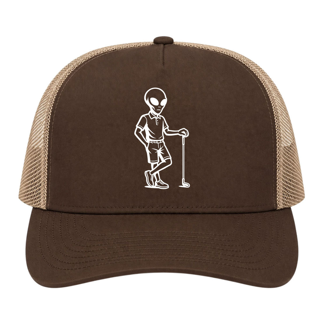 Brown Alien Golfer Golf Trucker Hat