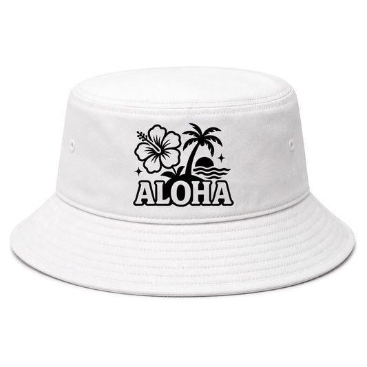 White Aloha Palm Tree Hibiscus Flower Print Golf Bucket Hat