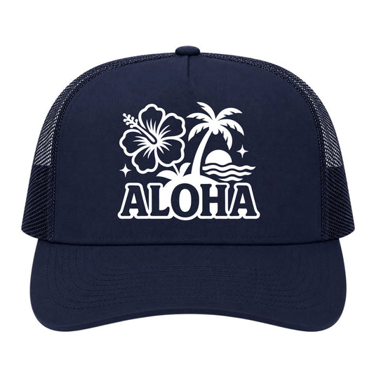 Navy Blue Aloha Palm Tree Hibiscus Flower Print Golf Trucker Hat
