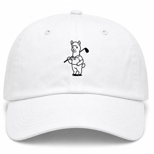 White Alpaca With Golf Club Golf Dad Hat