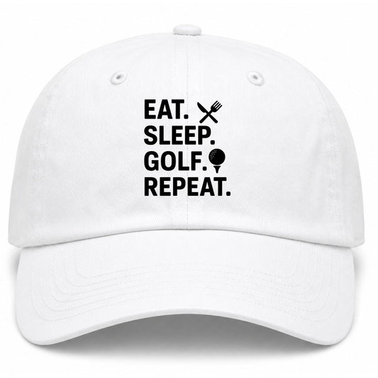 White Eat Sleep Golf Repeat Golf Dad Hat