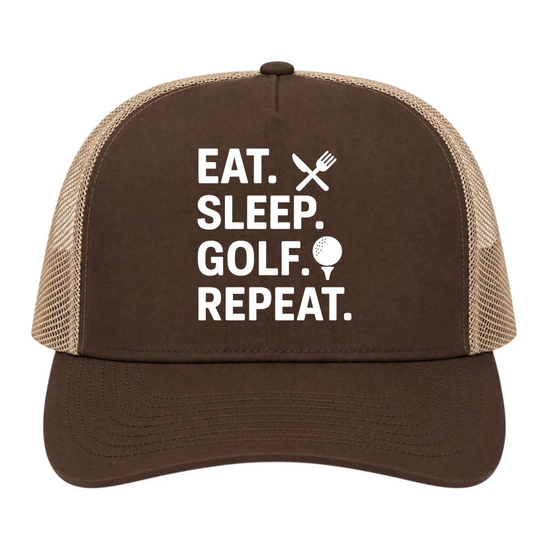 Brown Eat Sleep Golf Repeat Golf Trucker Hat