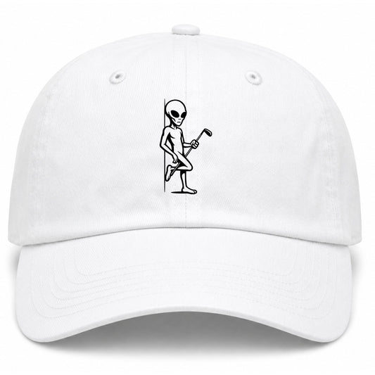 White Flirty Alien With Golf Club Golf Dad Hat