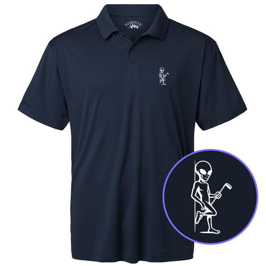 Navy Blue Flirty Alien With Golf Club Men's Golf Polo Shirt