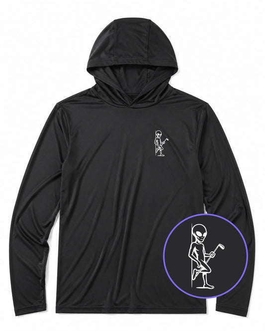 Black Flirty Alien With Golf Club Men's Lightweight Performance Golf Hoodie
