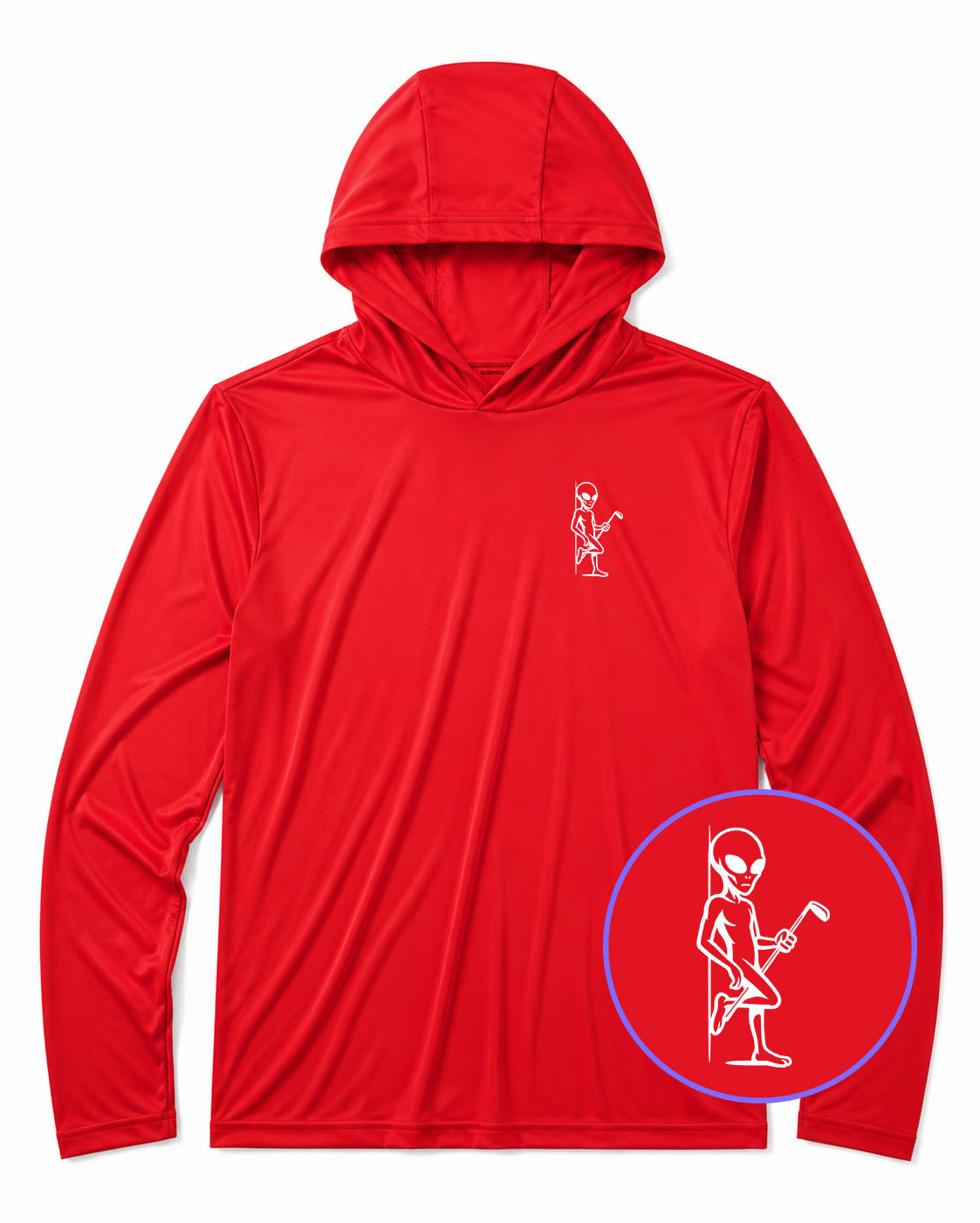 Red Flirty Alien With Golf Club Men's Lightweight Performance Golf Hoodie