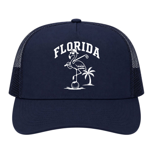 Navy Blue Florida Flamingo Golf Trucker Hat