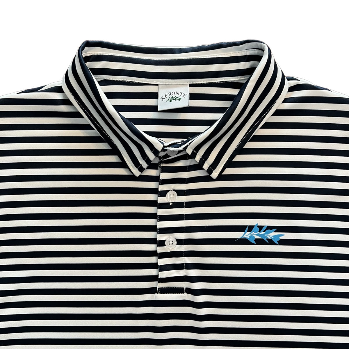 Classic Men's Navy Blue and White Striped Polo Golf Shirt Brand Label