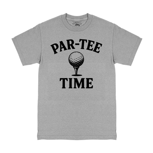 Gray t-shirt with 'Par-TEE TIME' and golf ball graphic on a white background