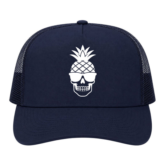 Navy Blue Pineapple Skull Tiki Golf Trucker Hat
