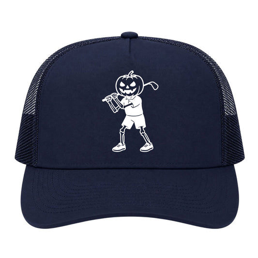 Navy Blue Pumpkin Skeleton Halloween Golf Trucker Hat