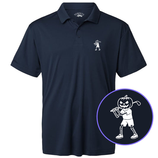 Navy Blue Pumpkin Skeleton Halloween Golf Men's Golf Polo Shirt