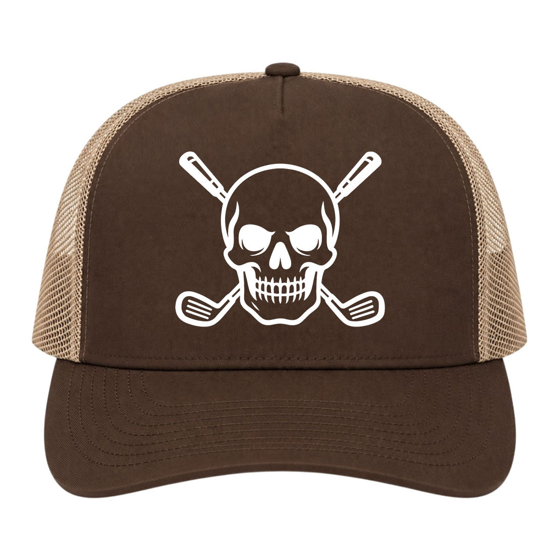 Brown Skull And Golf Clubs Alternative Golf Trucker Hat