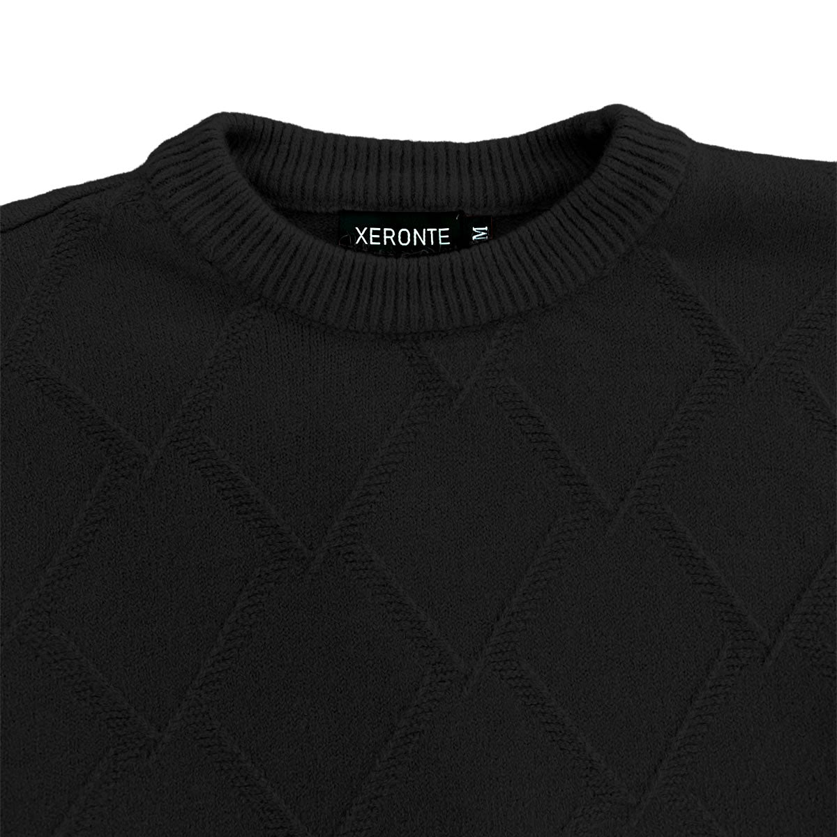 Black Mens Knit Diamond Pattern Crew Neck Sweater