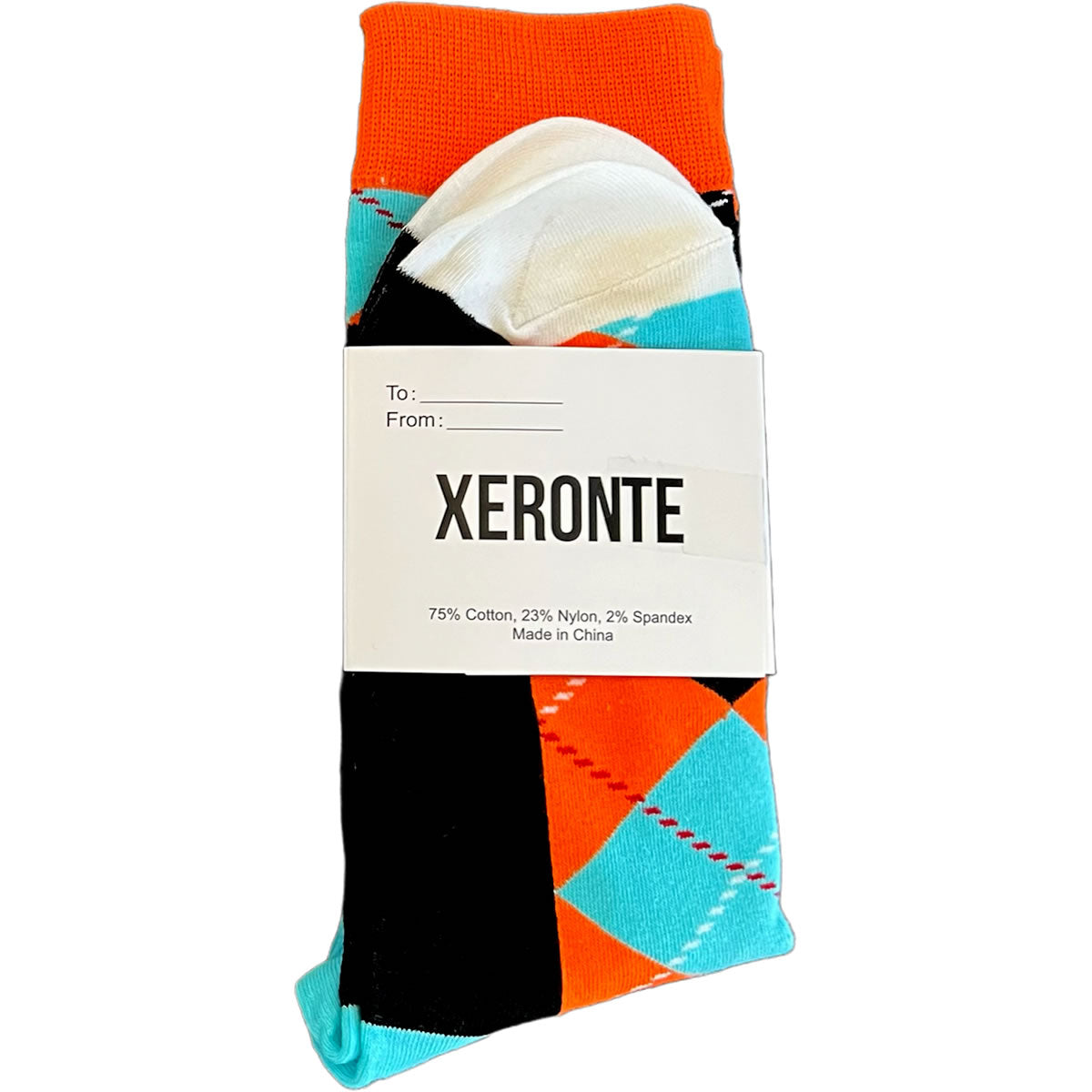 Black Orange Blue Argyle Mens Crew Socks Gift Label