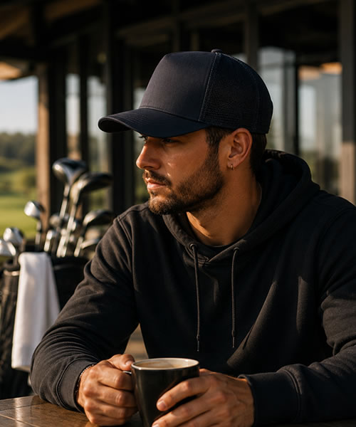 Man in a black trucker cap and hoodie holding a mug, with golf clubs in the background