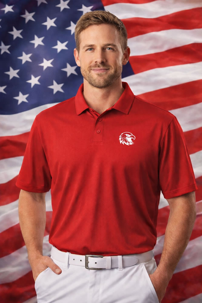 Man wearing a red bald eagle golf polo shirt in front of an American flag
