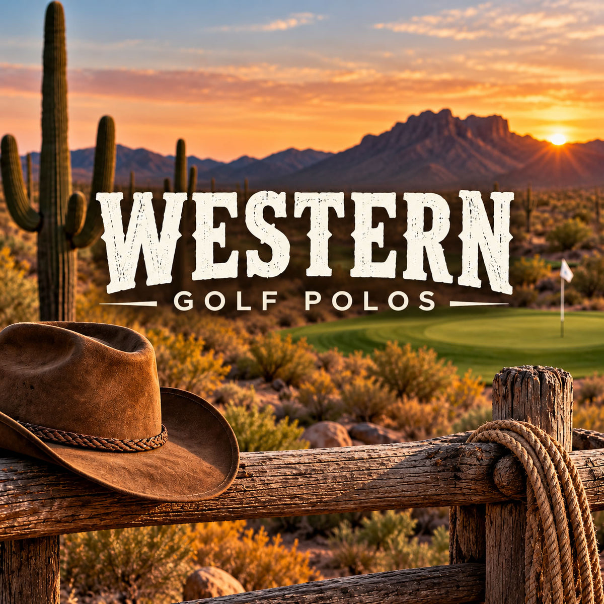 Western golf polo shirts collection with cowboy hat and desert golf course