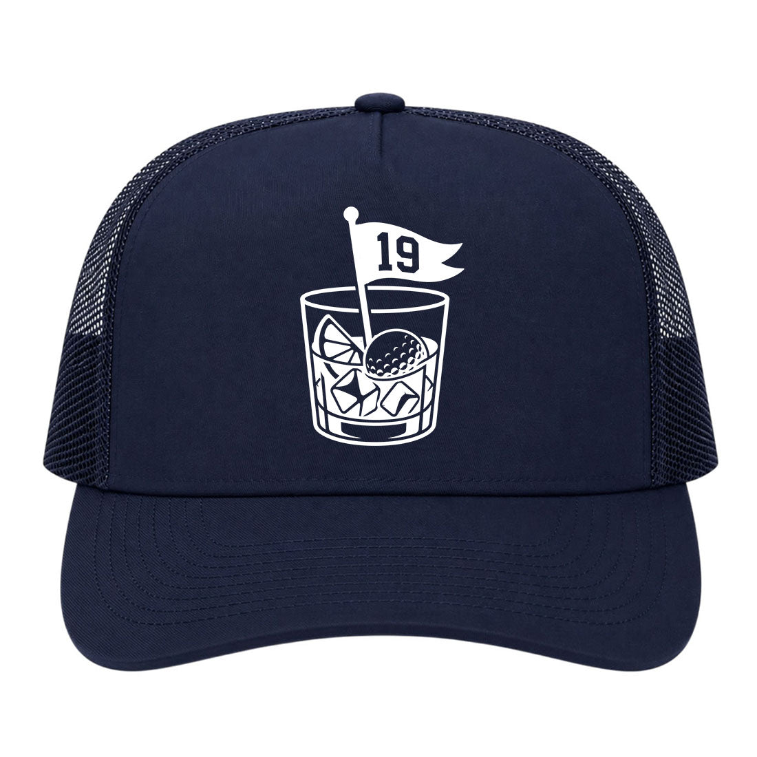 Navy Blue 19th Hole And Drinks Golf Trucker Hat