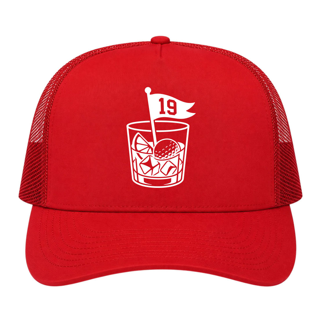 Red 19th Hole And Drinks Golf Trucker Hat