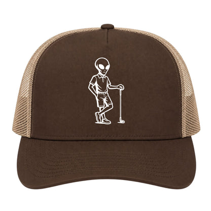 Brown Alien Golfer Golf Trucker Hat