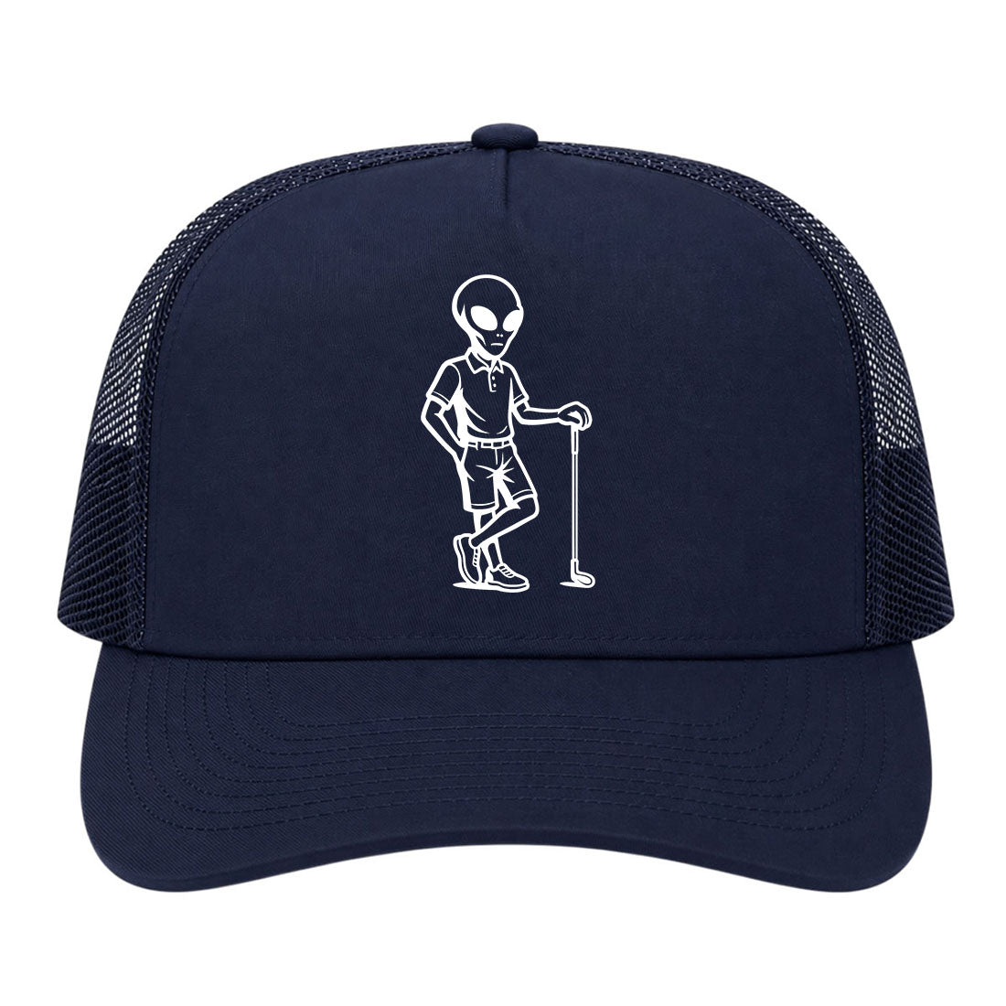 Navy Blue Alien Golfer Golf Trucker Hat
