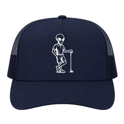 Navy Blue Alien Golfer Golf Trucker Hat