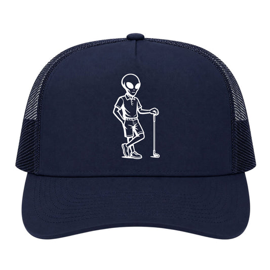 Navy Blue Alien Golfer Golf Trucker Hat