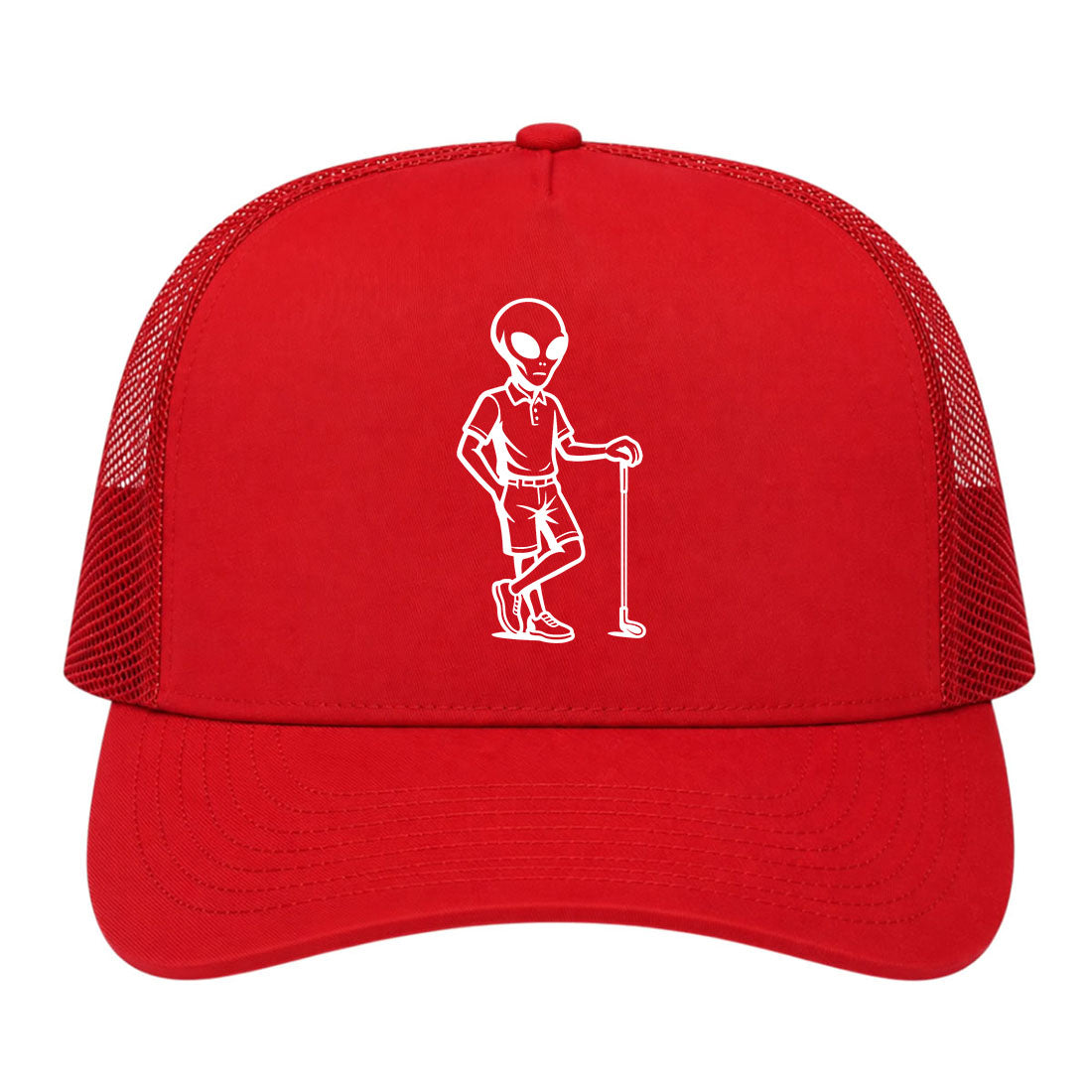 Red Alien Golfer Golf Trucker Hat