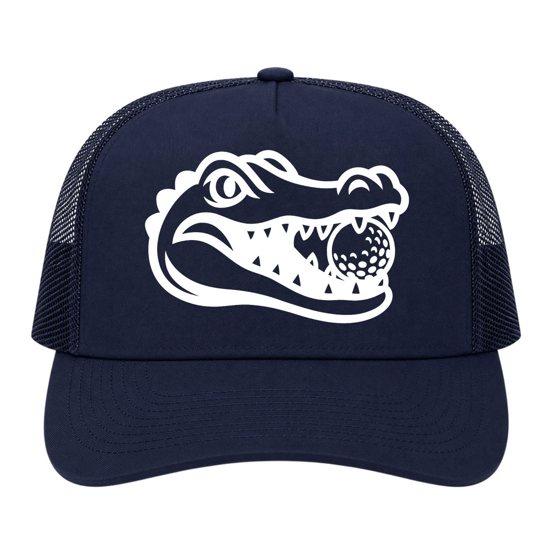 Navy Blue Alligator Eating Golf Ball Golf Trucker Hat