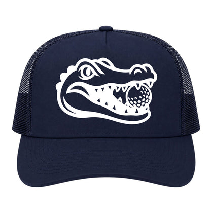 Navy Blue Alligator Eating Golf Ball Golf Trucker Hat