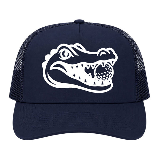 Navy Blue Alligator Eating Golf Ball Golf Trucker Hat