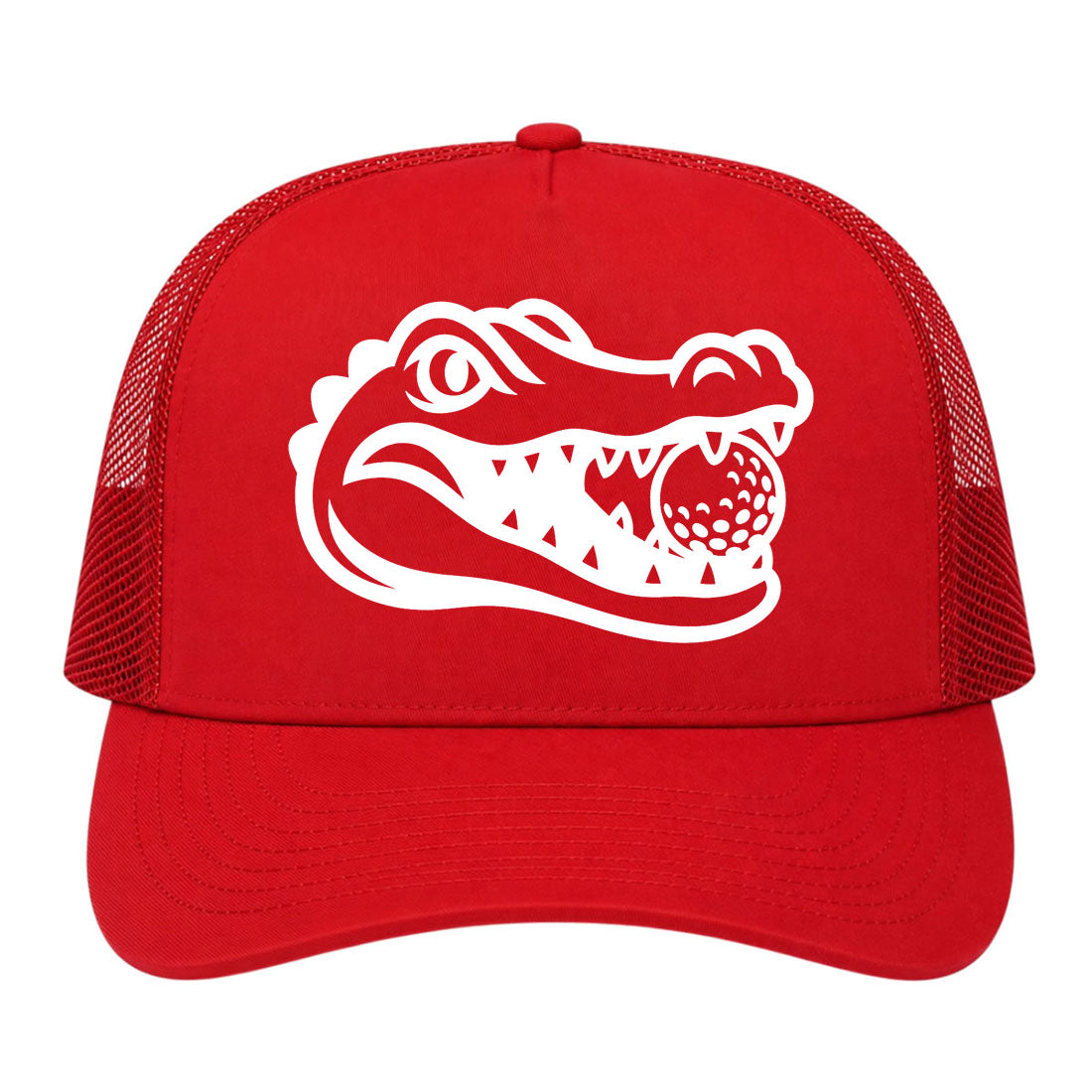 Red Alligator Eating Golf Ball Golf Trucker Hat