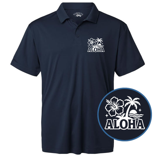 Navy Blue Aloha Floral Print Men's Short Sleeve Golf Polo Shirt