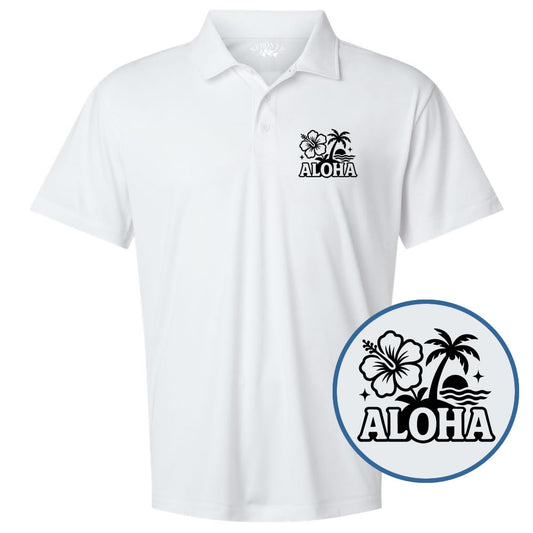 White Aloha Floral Print Men's Short Sleeve Golf Polo Shirt