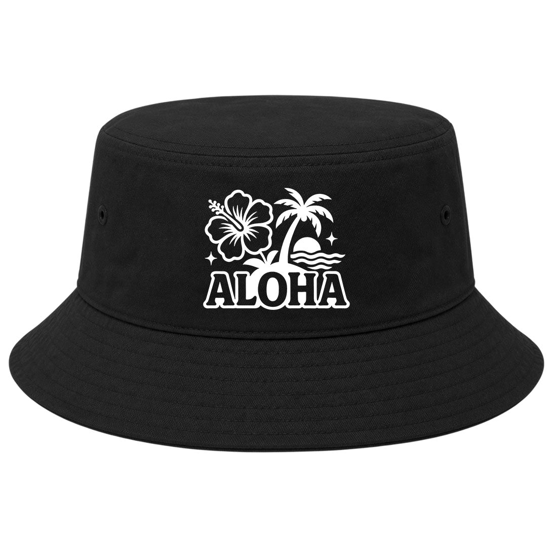 Black Aloha Palm Tree Hibiscus Flower Print Golf Bucket Hat