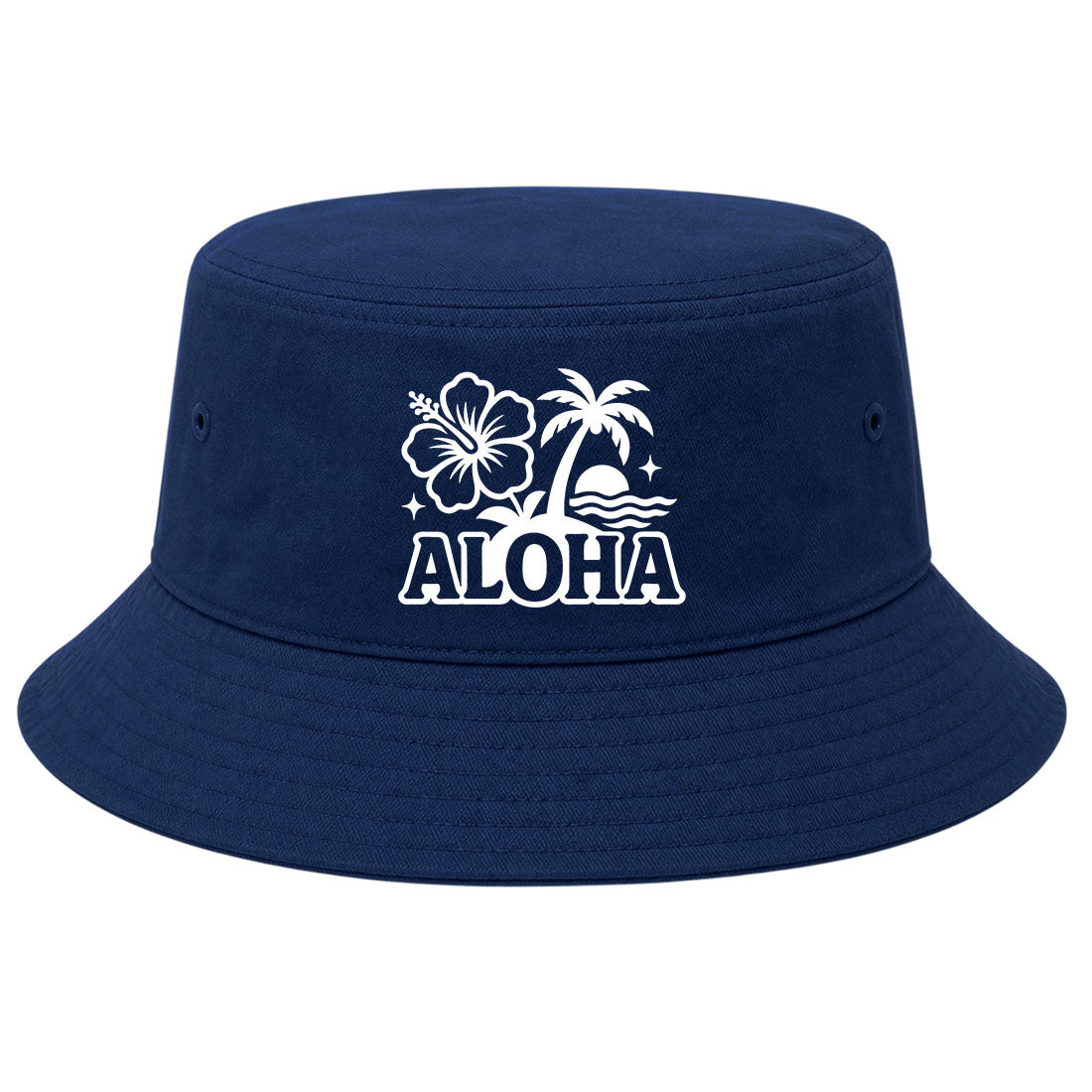 Navy Aloha Palm Tree Hibiscus Flower Print Golf Bucket Hat