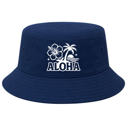 Navy Aloha Palm Tree Hibiscus Flower Print Golf Bucket Hat