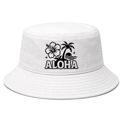 White Aloha Palm Tree Hibiscus Flower Print Golf Bucket Hat