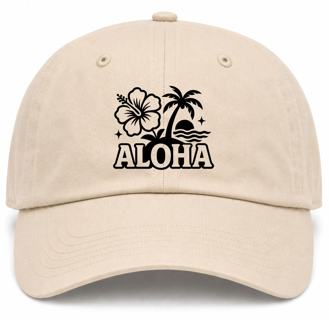 Beige Aloha Palm Tree Hibiscus Flower Print Golf Dad Hat