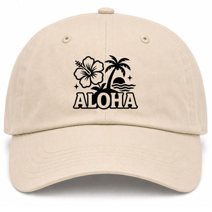 Beige Aloha Palm Tree Hibiscus Flower Print Golf Dad Hat