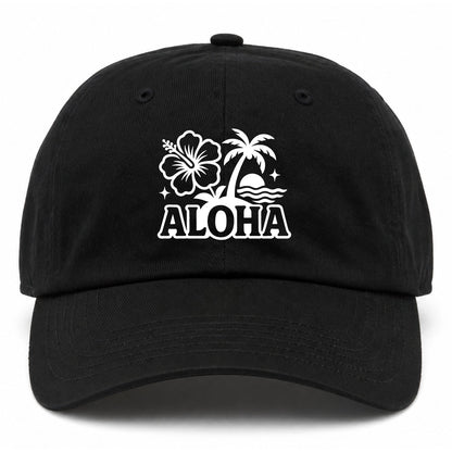 Black Aloha Palm Tree Hibiscus Flower Print Golf Dad Hat