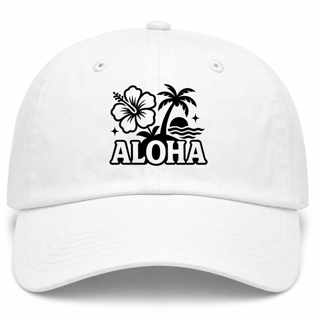 White Aloha Palm Tree Hibiscus Flower Print Golf Dad Hat