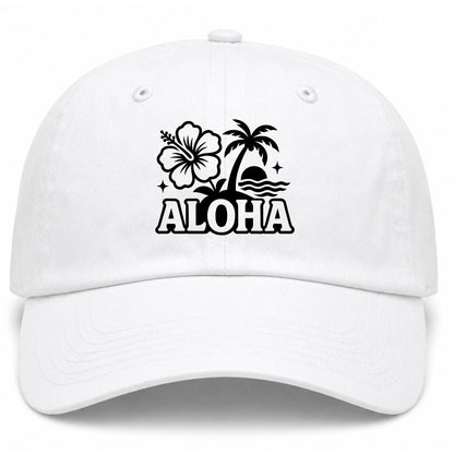 White Aloha Palm Tree Hibiscus Flower Print Golf Dad Hat