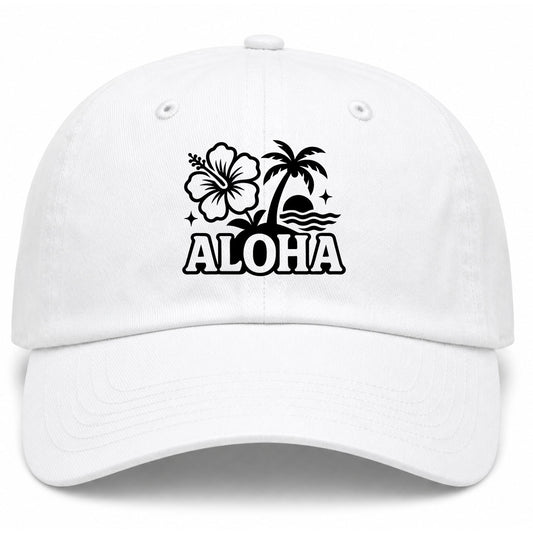 White Aloha Palm Tree Hibiscus Flower Print Golf Dad Hat