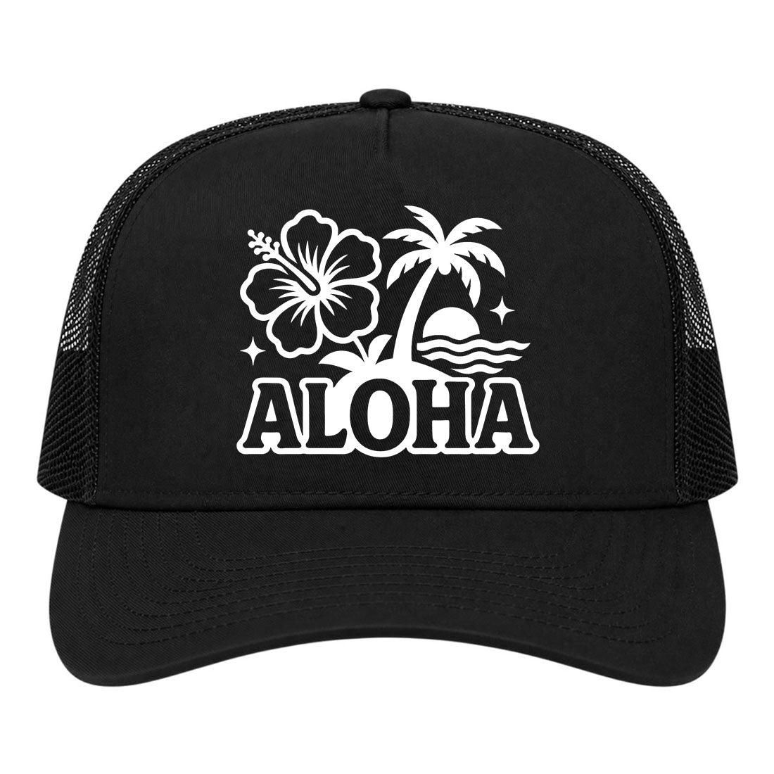 Black Aloha Palm Tree Hibiscus Flower Print Golf Trucker Hat