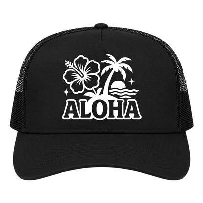 Black Aloha Palm Tree Hibiscus Flower Print Golf Trucker Hat