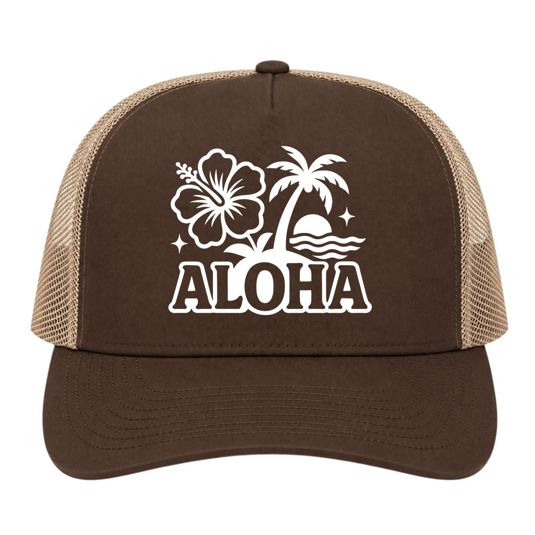 Brown Aloha Palm Tree Hibiscus Flower Print Golf Trucker Hat