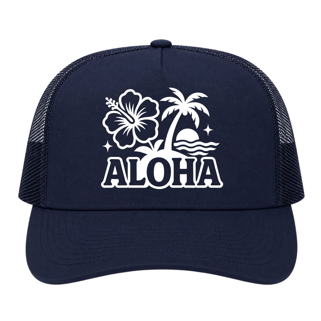 Navy Blue Aloha Palm Tree Hibiscus Flower Print Golf Trucker Hat