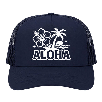 Navy Blue Aloha Palm Tree Hibiscus Flower Print Golf Trucker Hat